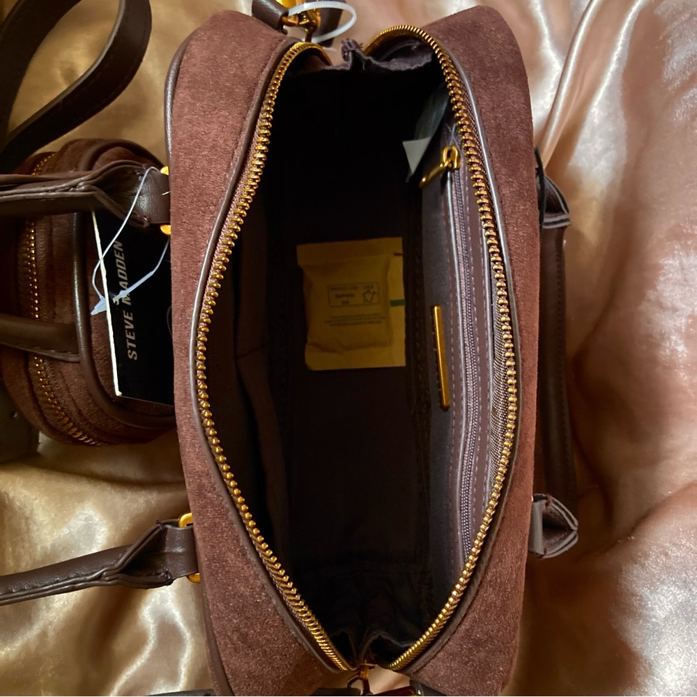 Steve Madden Brown Faux Suede Satchel with Coin Pouch and Top Handles - Picture 7 of 10